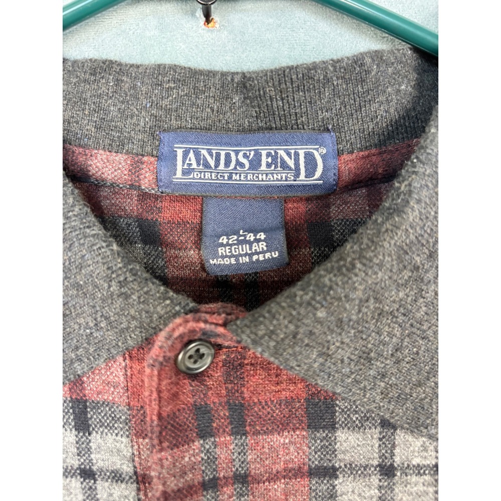 Lands End Mens Red Plaid Long Sleeve Polo Shirt Size 42-44 Regular - Picture 3 of 10
